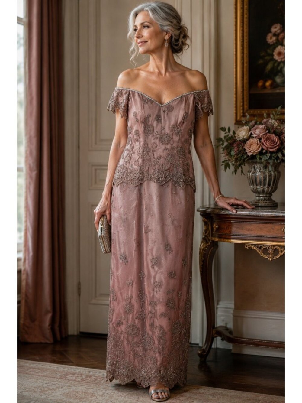 Vintage Rose Taft Couture Beaded Gown Dusty Rose Off Shoulder Formal Dress USA